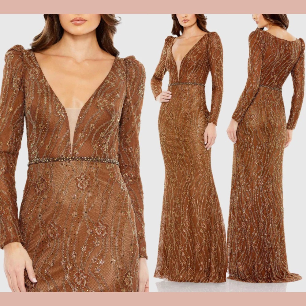 NWT Mac Duggal [ 12 ] 11159 Embellished Long Sleeve‎ Plunge Trumpet Gown Bronze